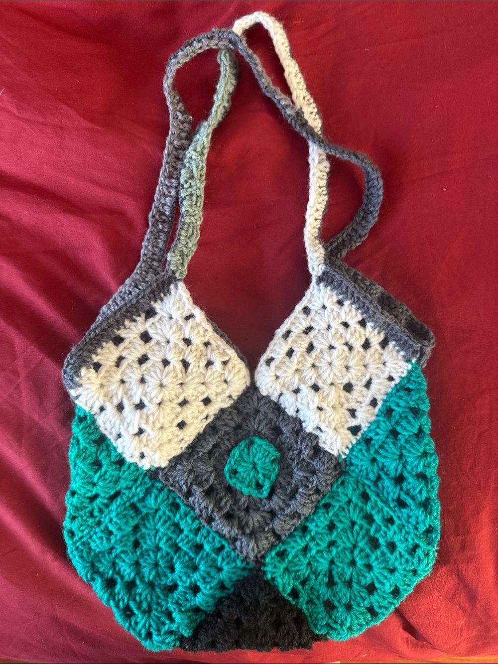 Handmade Teal, Gray & Cream Crochet Shoulder Bag - Women's Boho Tote